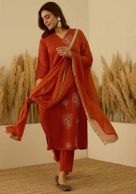 Brown Floral Printed Silk Blend Kurta Set