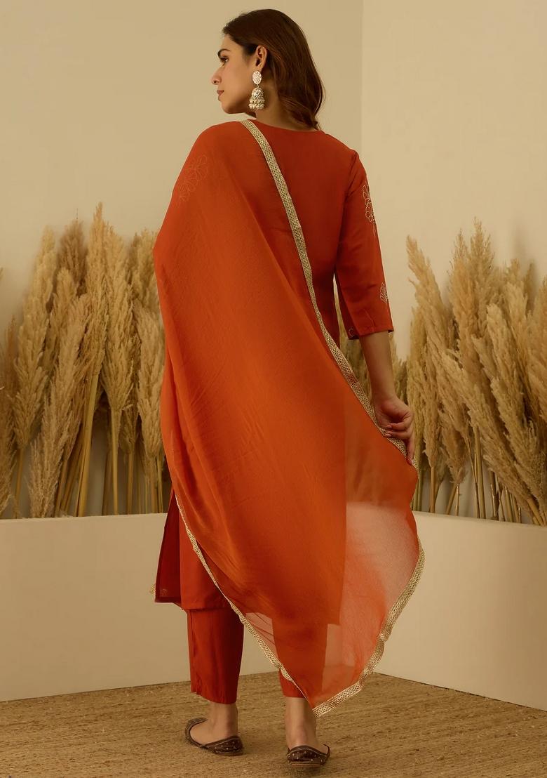 Brown Floral Printed Silk Blend Kurta Set - Indya