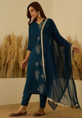 Blue Floral Printed Silk Blend Kurta Set