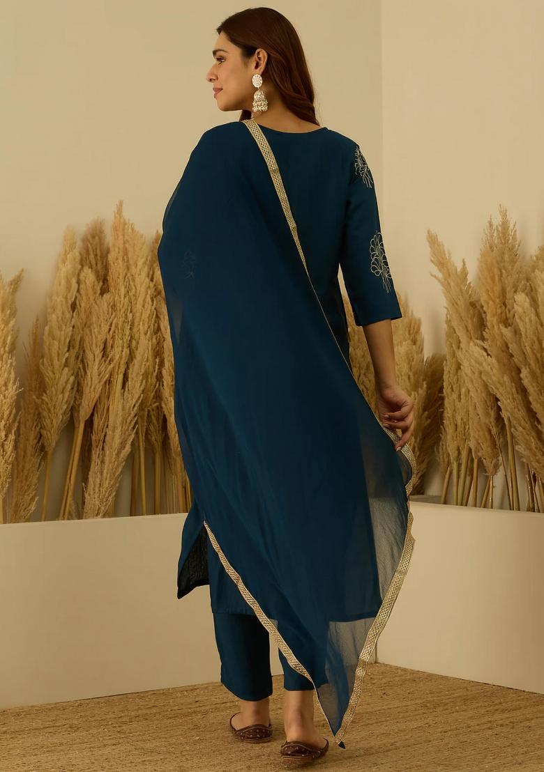 Blue Floral Printed Silk Blend Kurta Set - Indya