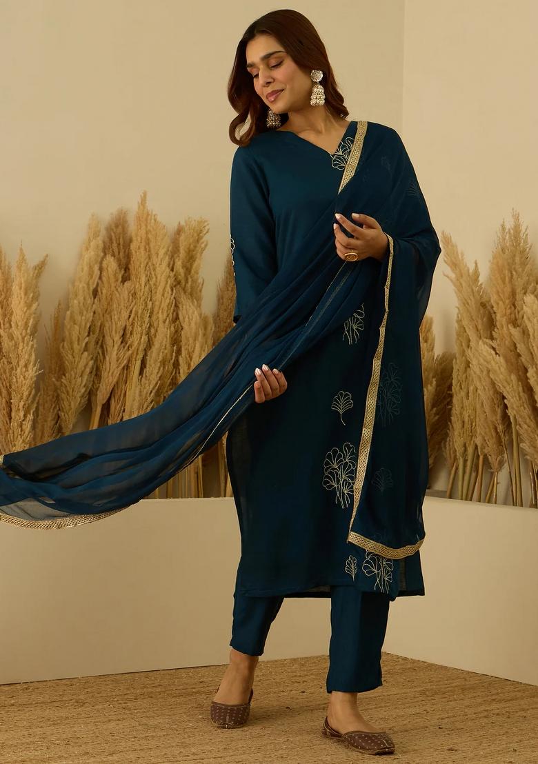 Blue Floral Printed Silk Blend Kurta Set - Indya