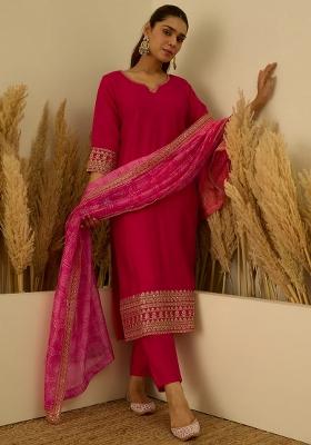 Pink Embroidered Silk Blend Kurta Set