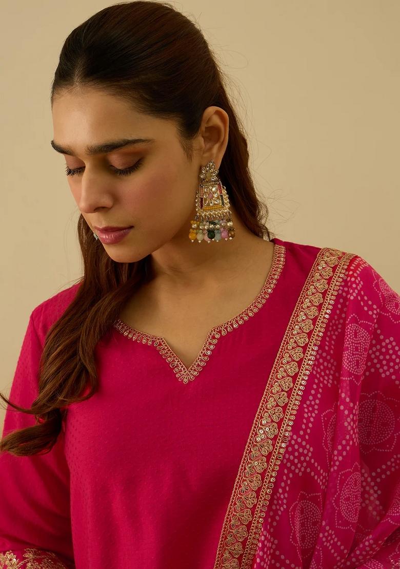 Pink Embroidered Silk Blend Kurta Set - Indya