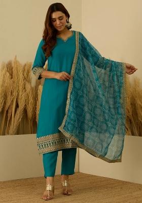 Blue Embroidered Silk Blend Kurta Set