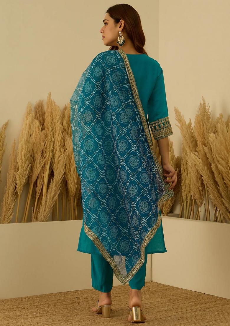 Blue Embroidered Silk Blend Kurta Set - Indya