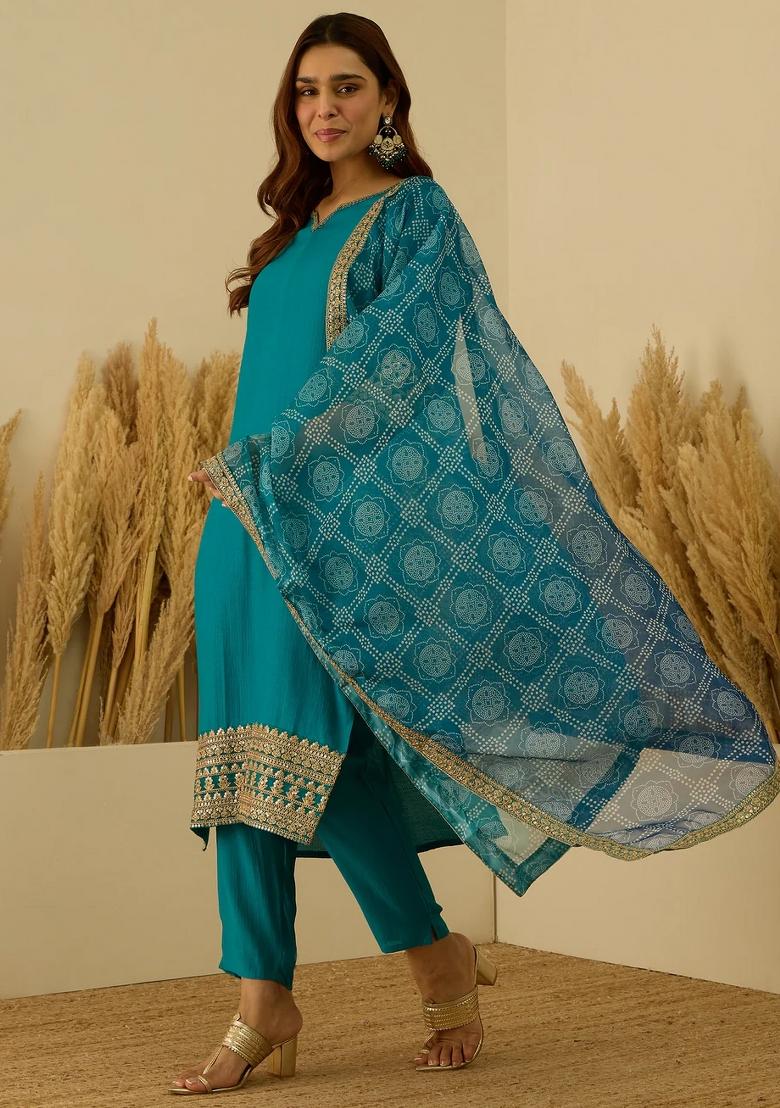 Blue Embroidered Silk Blend Kurta Set - Indya