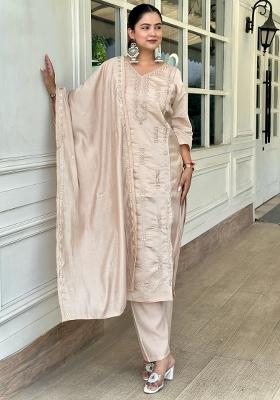 Beige Embroidered Silk Blend Kurta Set