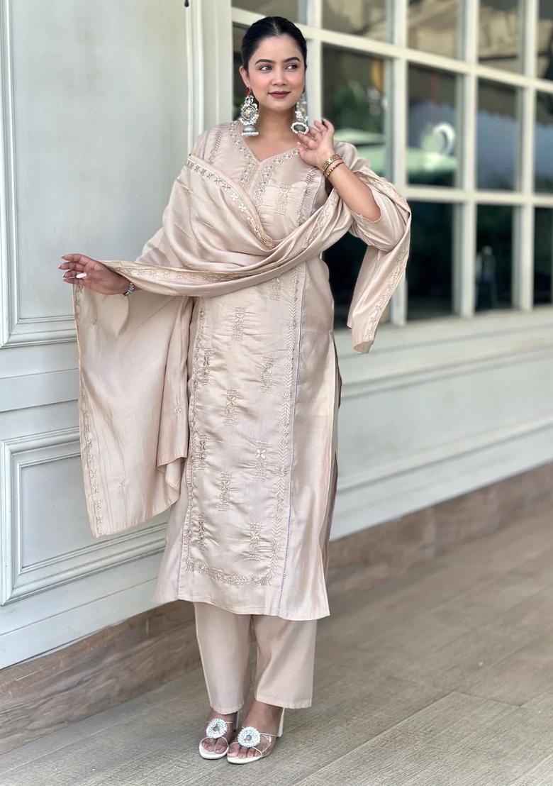 Beige Embroidered Silk Blend Kurta Set - Indya