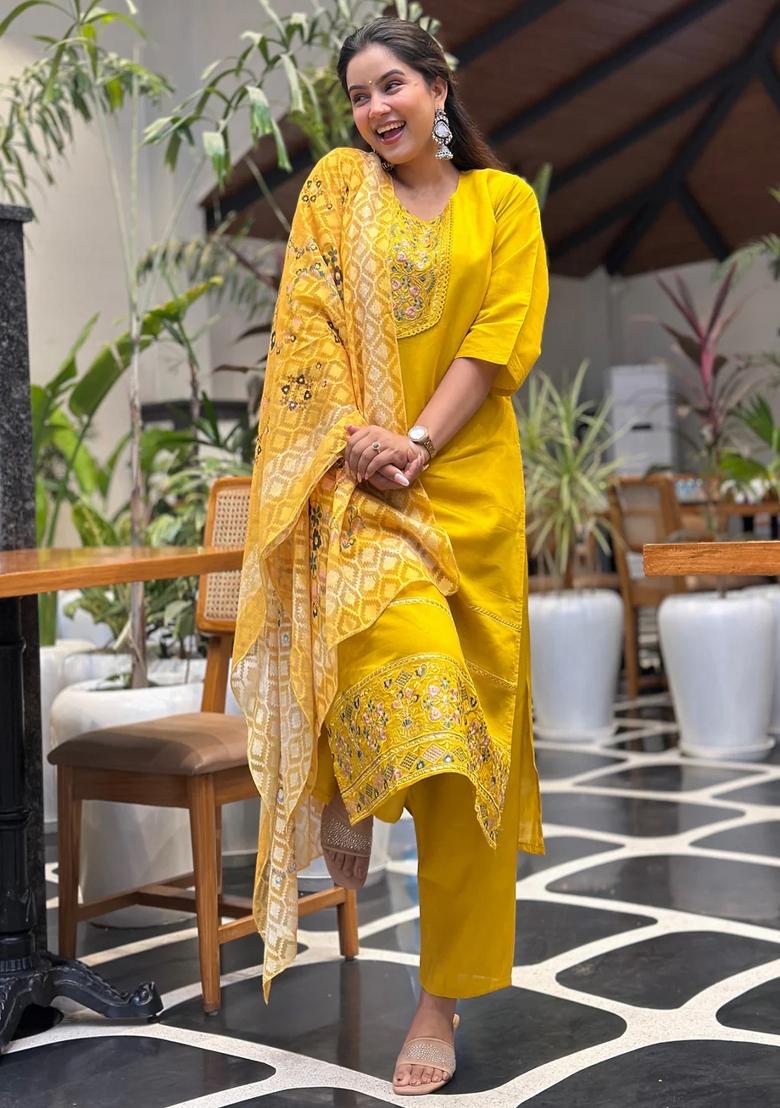 Yellow Embroidered Silk Blend Kurta Set - Indya