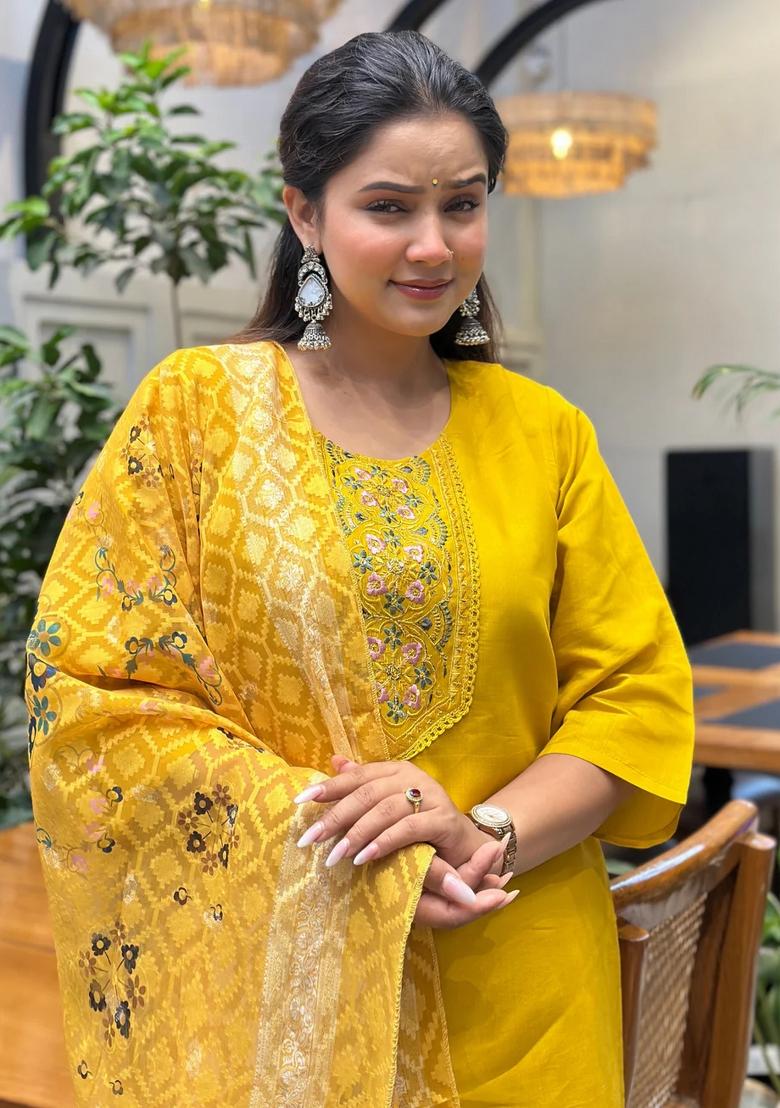 Yellow Embroidered Silk Blend Kurta Set - Indya