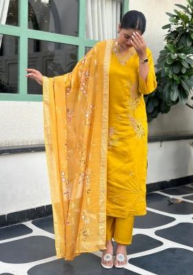 Yellow Embroidered Silk Blend Kurta Set
