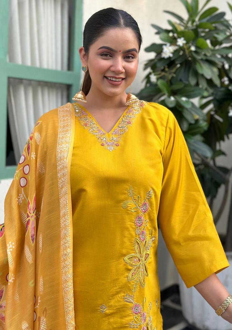 Yellow Embroidered Silk Blend Kurta Set - Indya