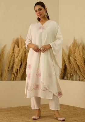 White Embroidered Silk Blend Kurta Set