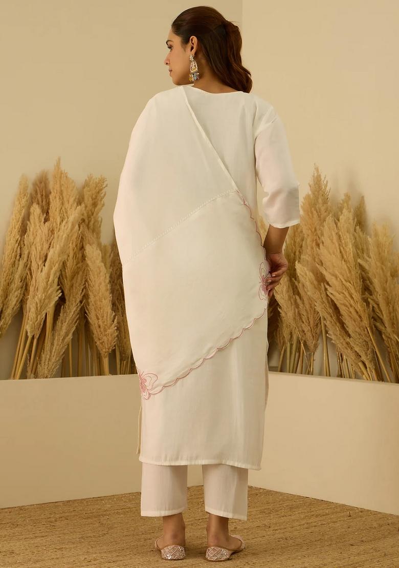 White Embroidered Silk Blend Kurta Set - Indya