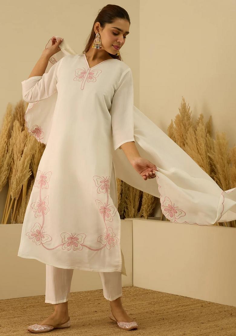White Embroidered Silk Blend Kurta Set - Indya