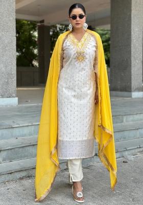 White Embroidered Silk Blend Kurta Set