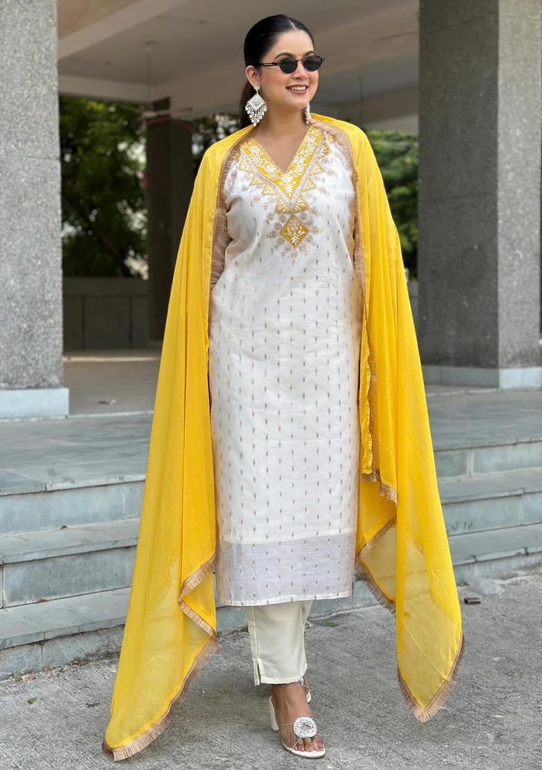 White Embroidered Silk Blend Kurta Set - Indya