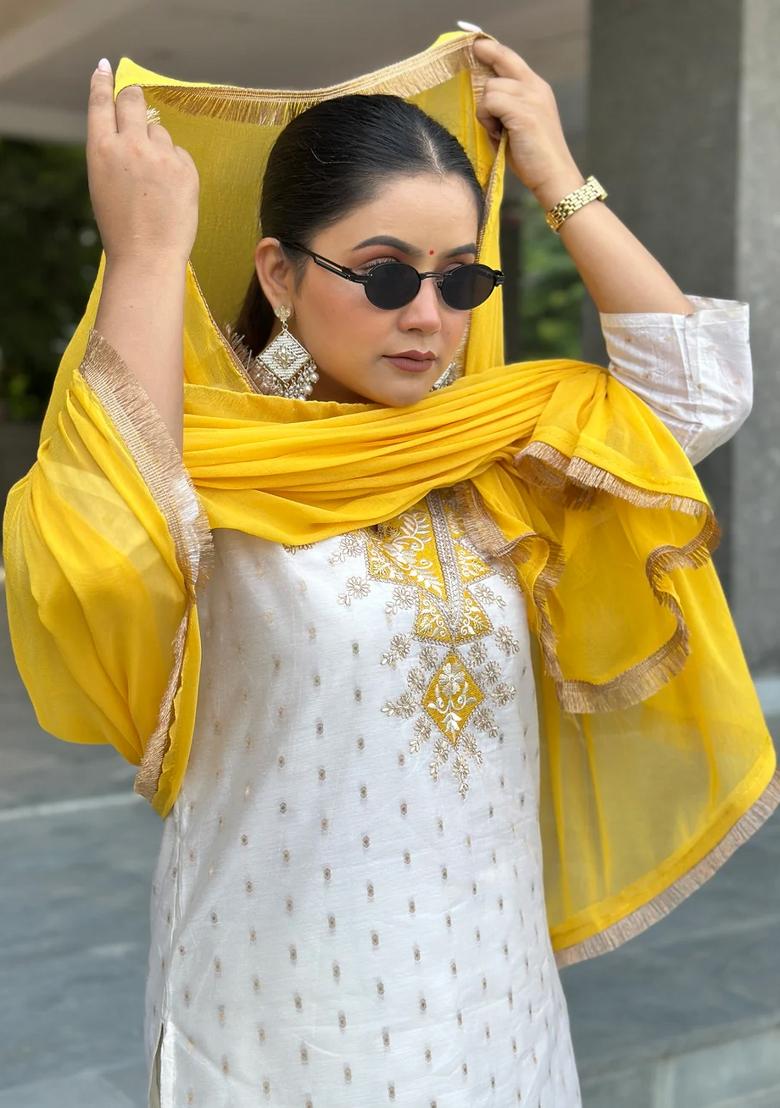 White Embroidered Silk Blend Kurta Set - Indya