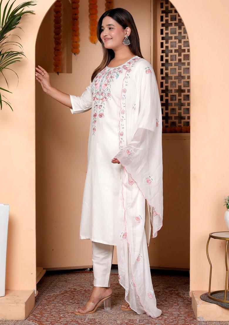 White Embroidered Cotton Kurta Set - Indya