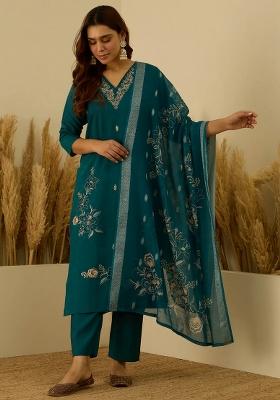 Blue Embroidered Silk Blend Kurta Set