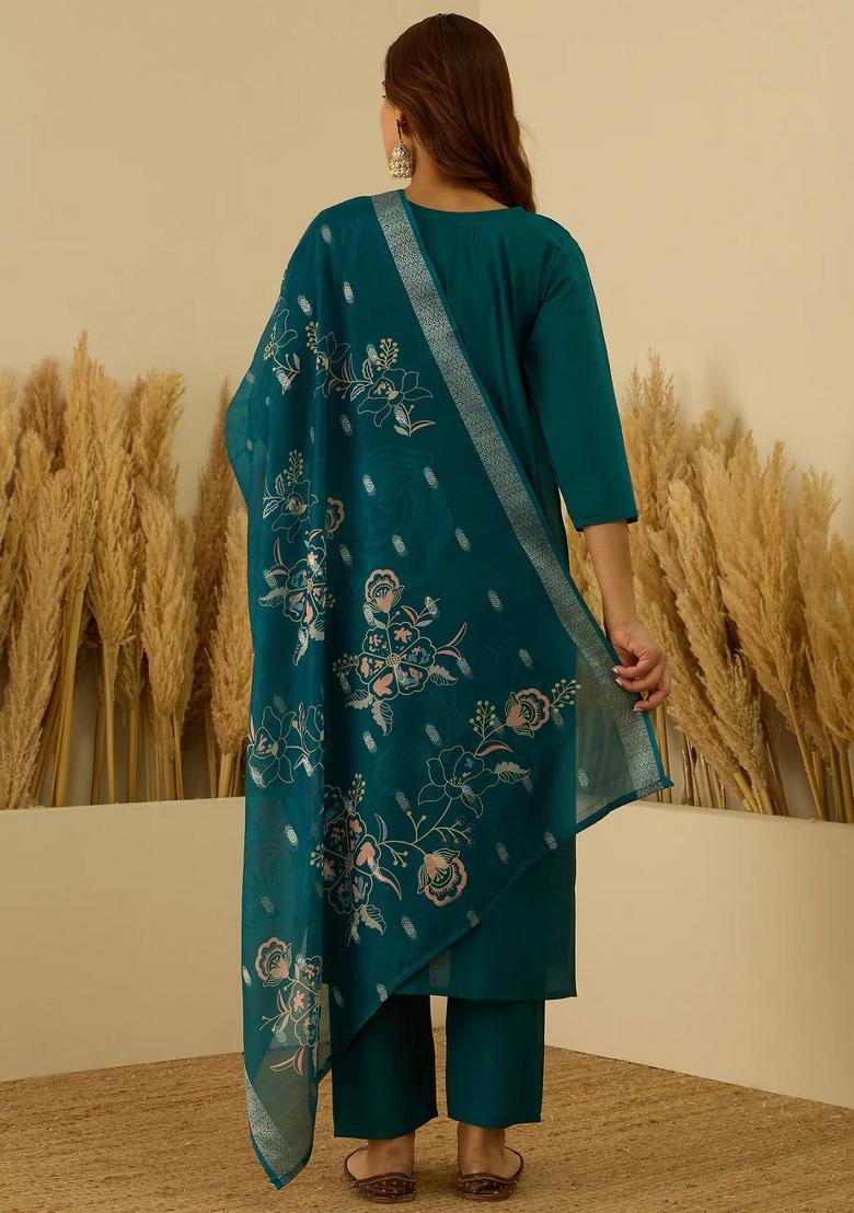 Blue Embroidered Silk Blend Kurta Set - Indya