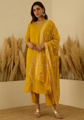 Yellow Embroidered Silk Blend Kurta Set