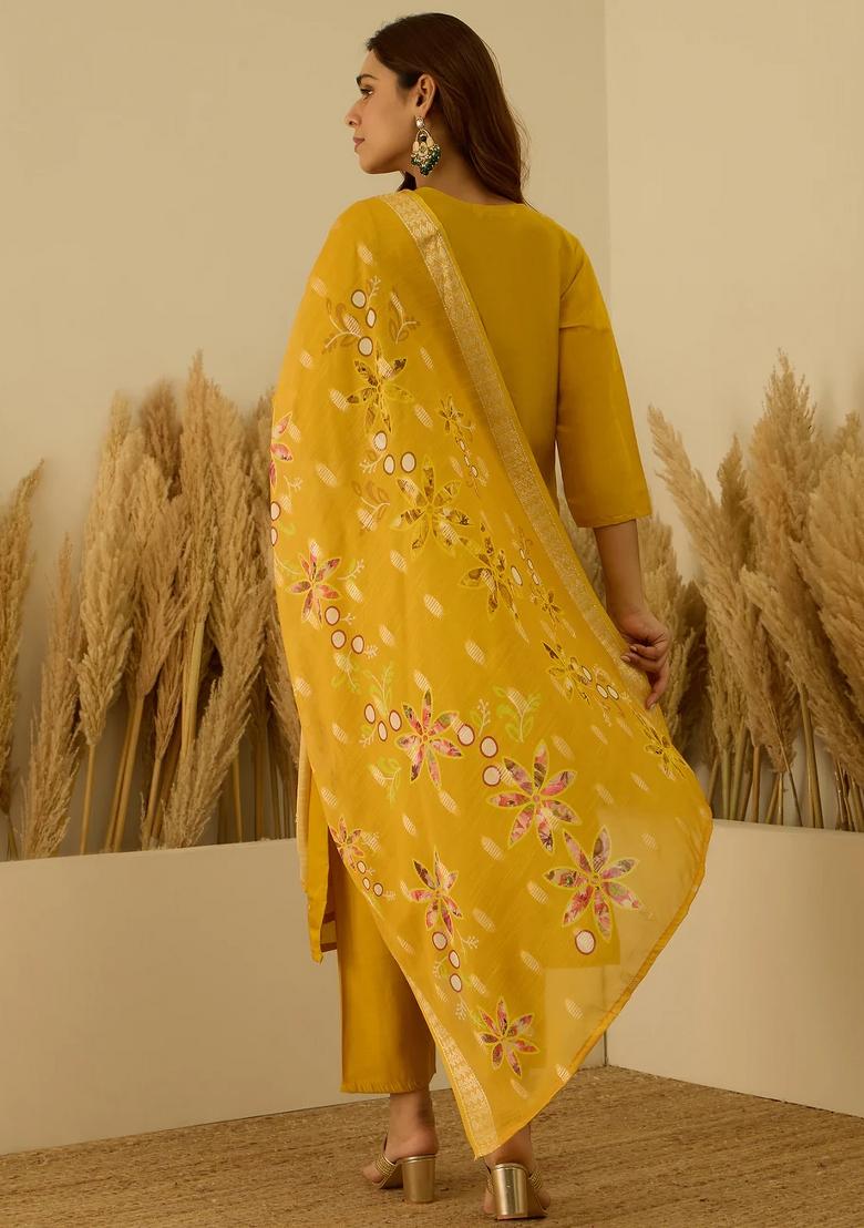 Yellow Embroidered Silk Blend Kurta Set - Indya