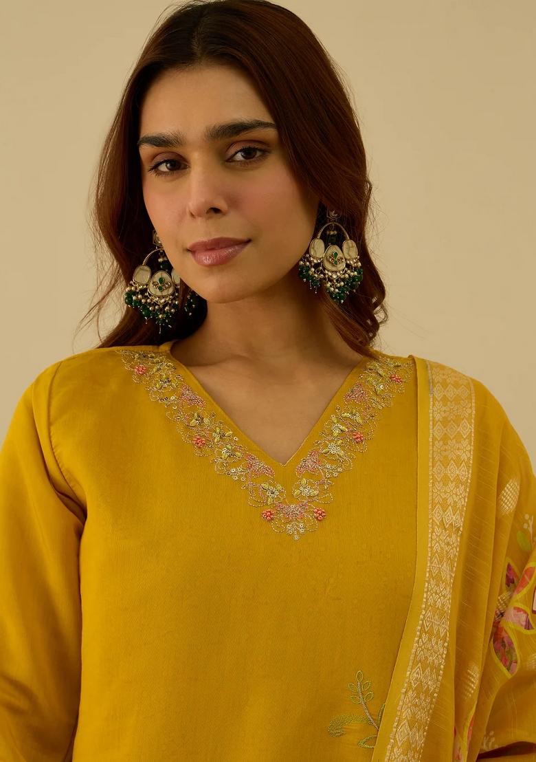 Yellow Embroidered Silk Blend Kurta Set - Indya