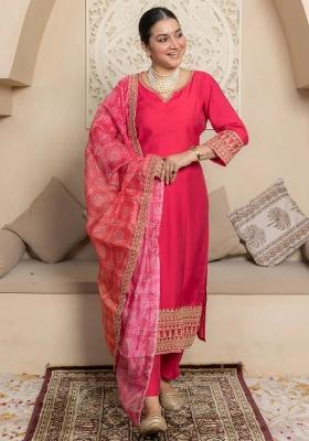 Pink Embroidered Silk Blend Kurta Set