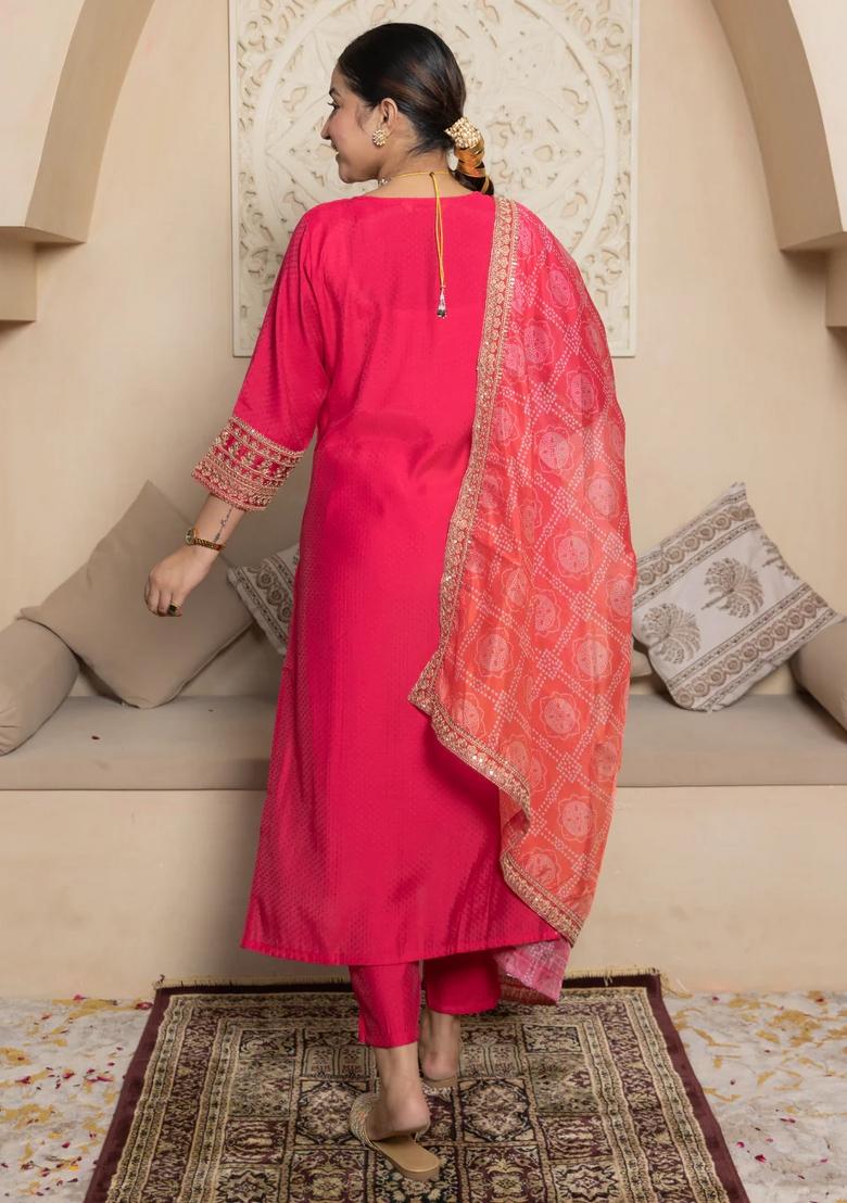 Pink Embroidered Silk Blend Kurta Set - Indya
