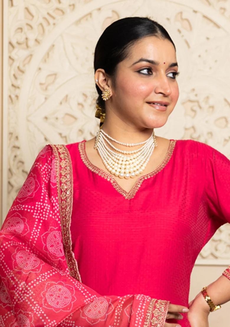 Pink Embroidered Silk Blend Kurta Set - Indya