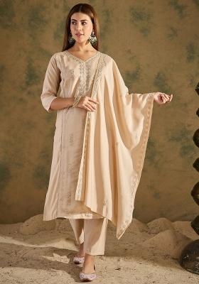 Beige Embroidered Silk Blend Kurta Set
