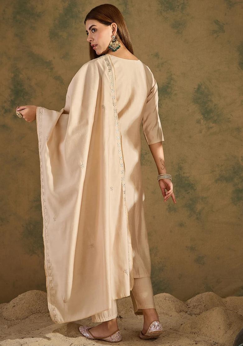 Beige Embroidered Silk Blend Kurta Set - Indya