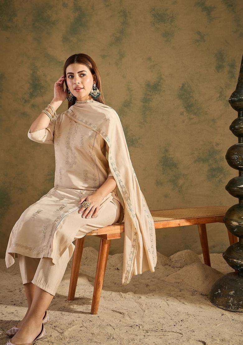 Beige Embroidered Silk Blend Kurta Set - Indya