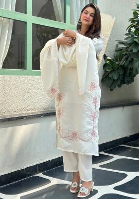 White Embroidered Silk Blend Kurta Set