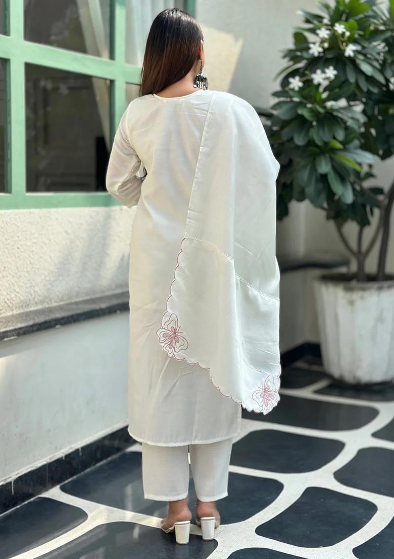 White Embroidered Silk Blend Kurta Set - Indya