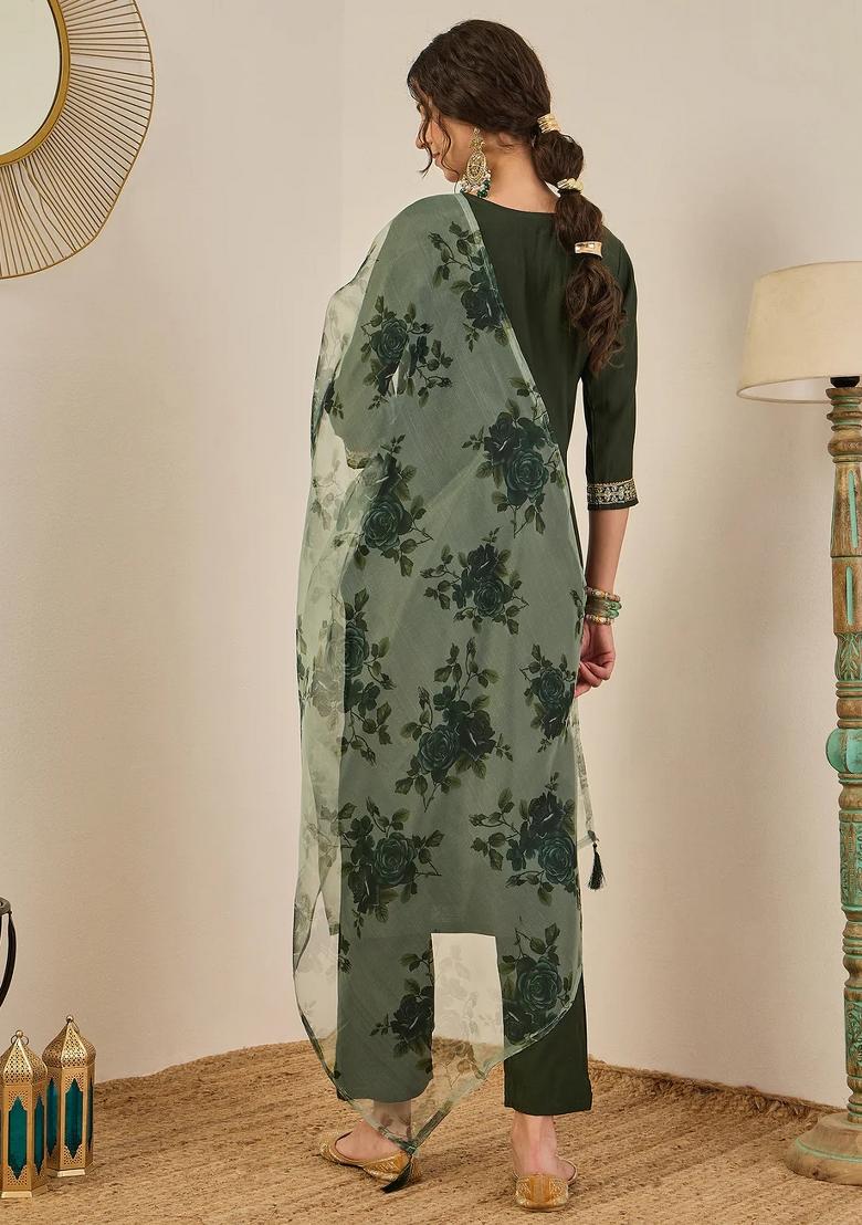 Green Embroidered Viscose Kurta Set - Indya