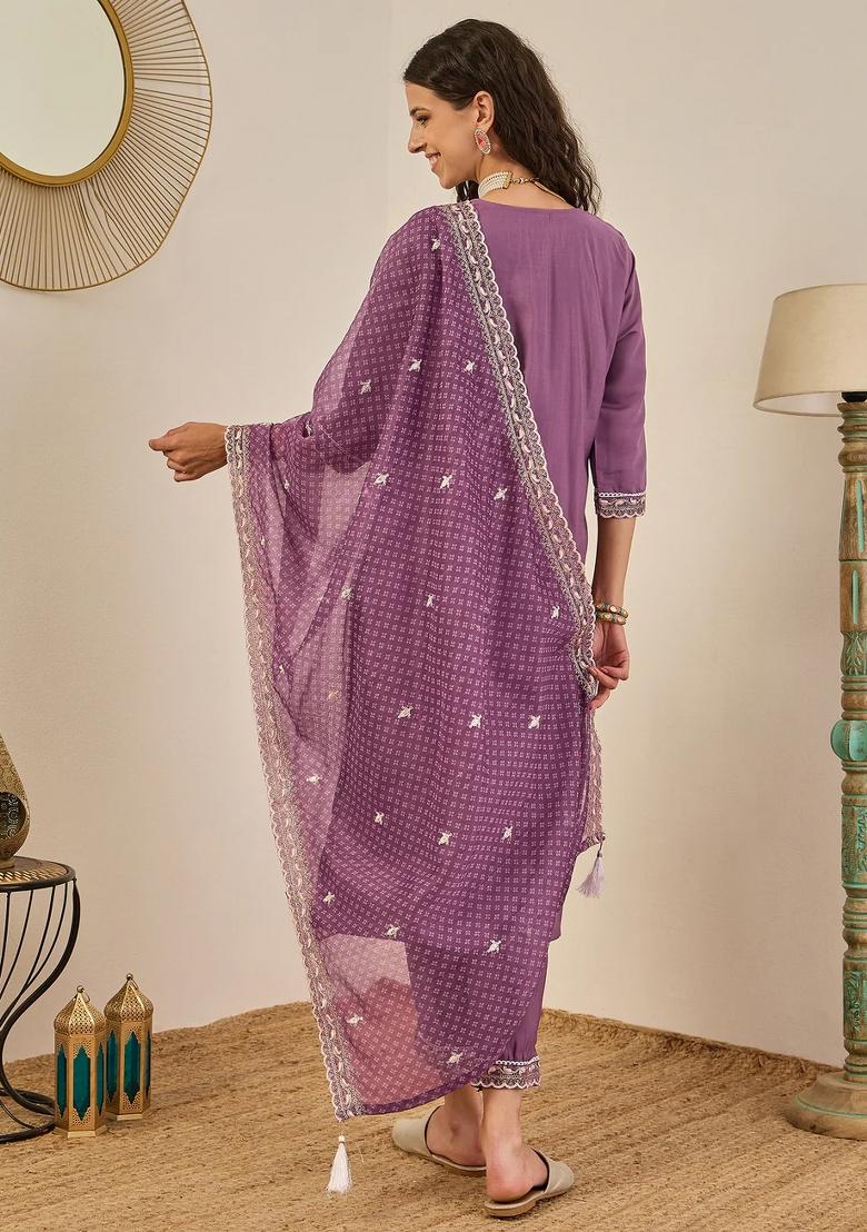 Purple Embroidered Silk Blend Kurta Set - Indya