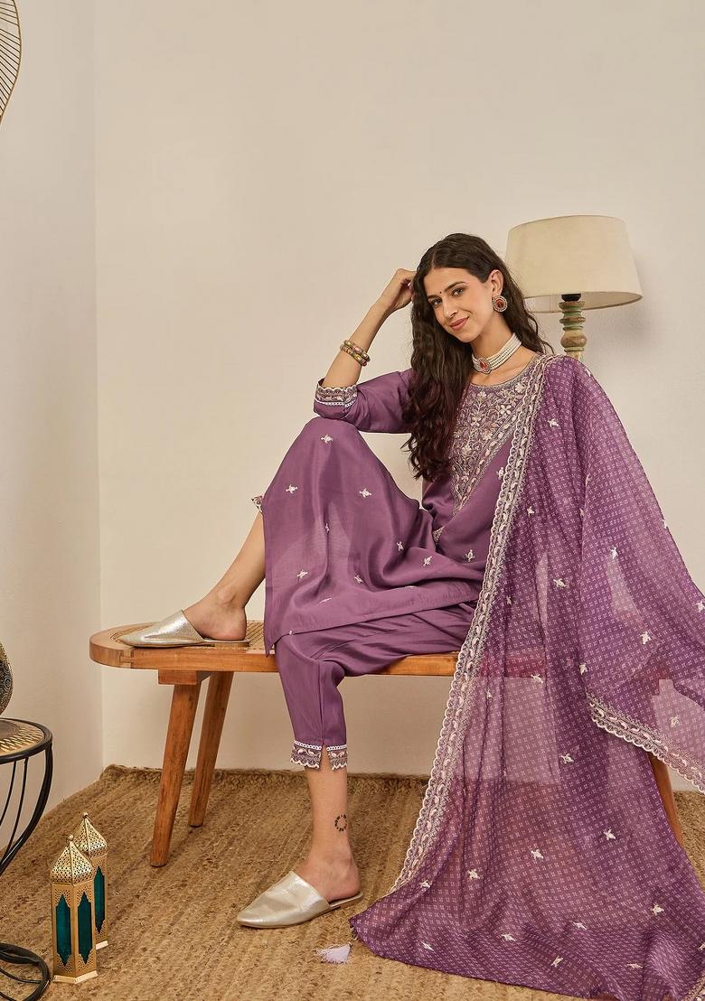 Purple Embroidered Silk Blend Kurta Set - Indya