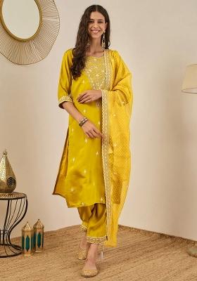 Yellow Embroidered Silk Blend Kurta Set