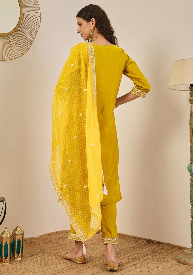 Yellow Embroidered Silk Blend Kurta Set - Indya