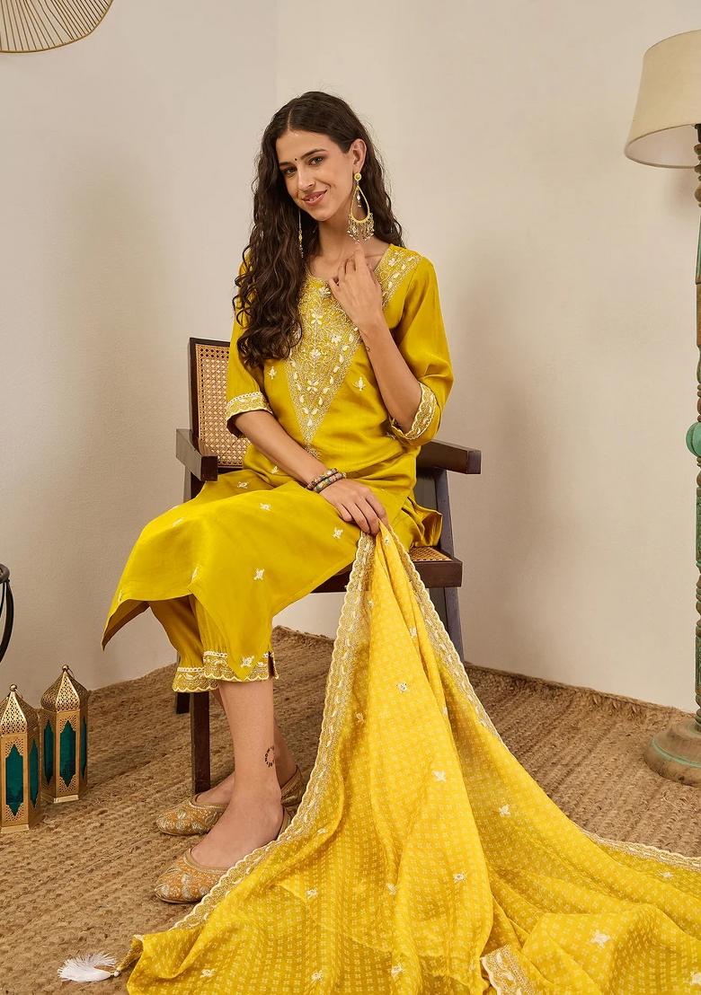 Yellow Embroidered Silk Blend Kurta Set - Indya