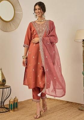 Peach Embroidered Silk Blend Kurta Set