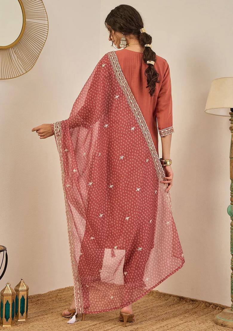 Peach Embroidered Silk Blend Kurta Set - Indya