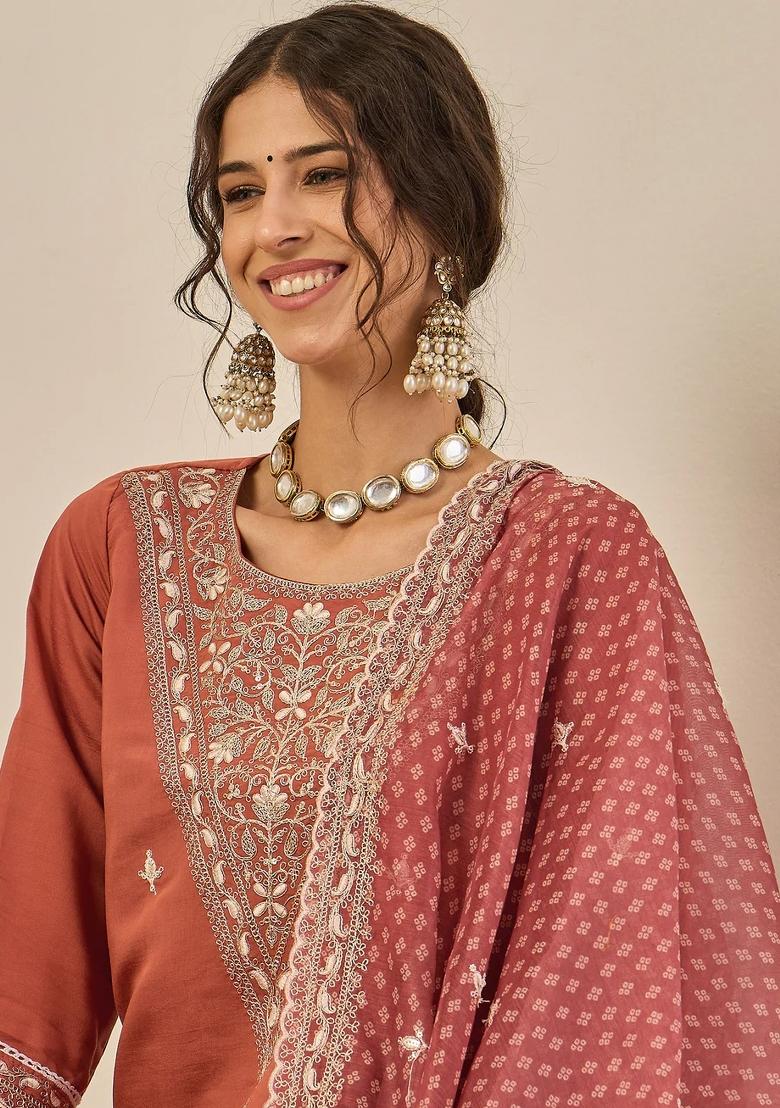Peach Embroidered Silk Blend Kurta Set - Indya