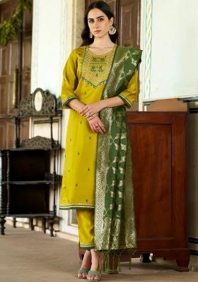 Yellow Embroidered Viscose Kurta Set