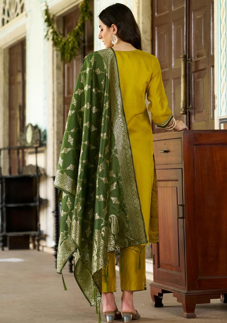 Yellow Embroidered Viscose Kurta Set - Indya