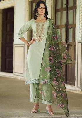 Green Embroidered Viscose Kurta Set