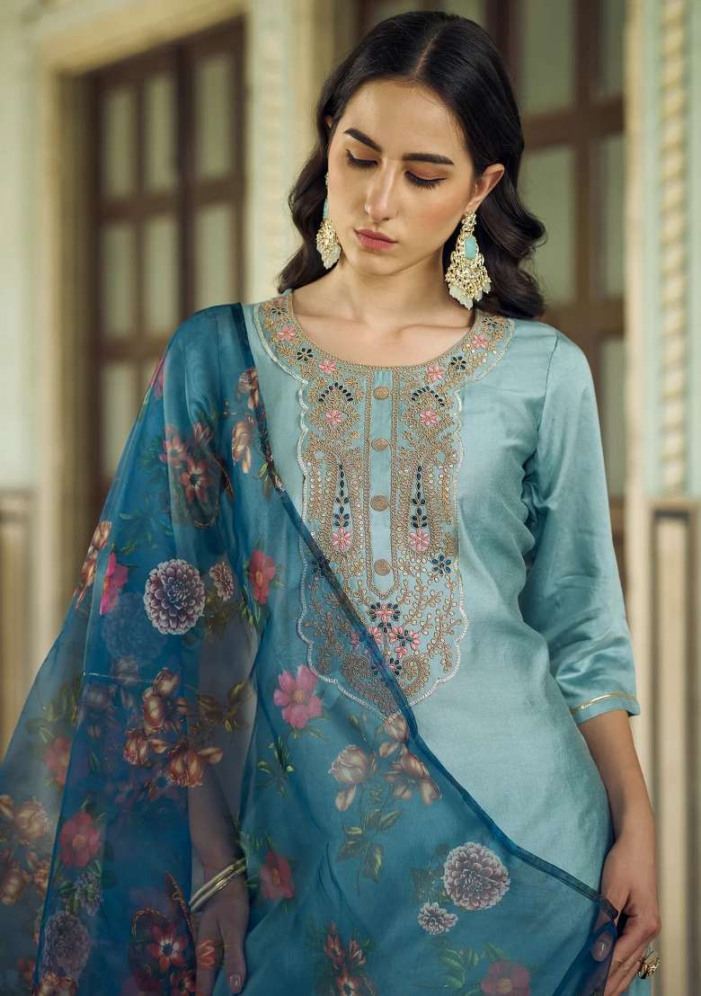 Blue Embroidered Viscose Kurta Set - Indya