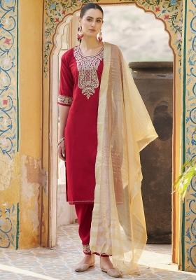 Red Embroidered Viscose Kurta Set
